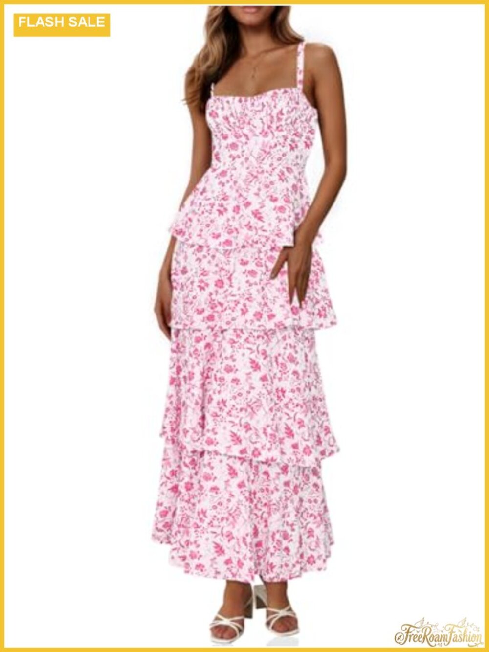 Women's Floral Maxi Dress Spaghetti Strap Ruffle Tiered High Waist